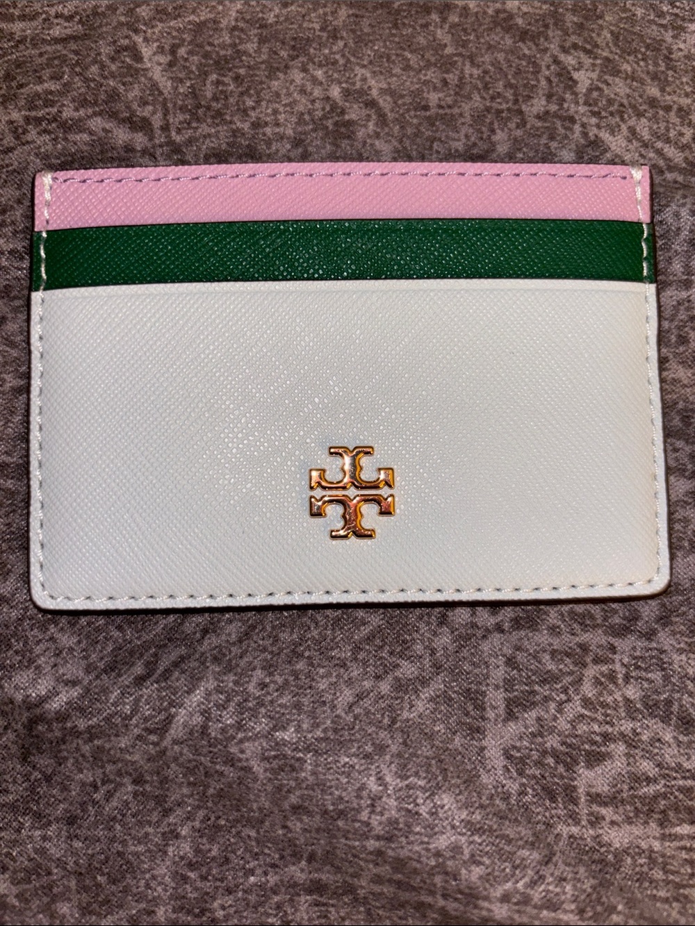 Tory Burch White, Pink & Green Leather Card Holder with Gold Logo